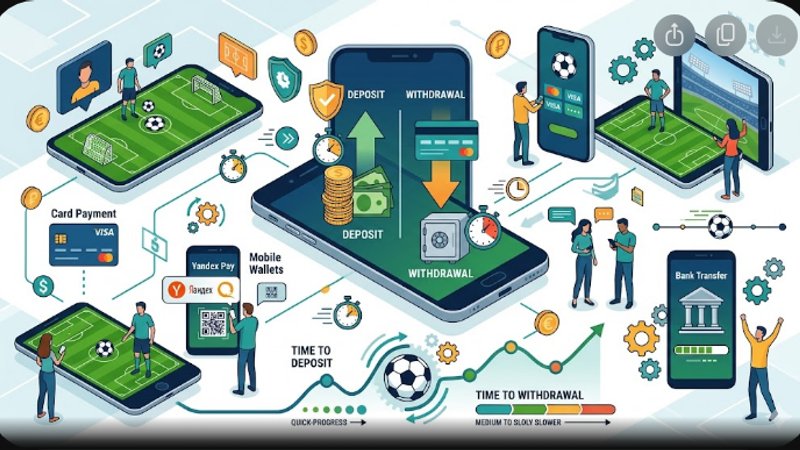 Иллюстрация мобильных платежей для ставок на футбол: смартфон, иконки транзакций и денежные переводы